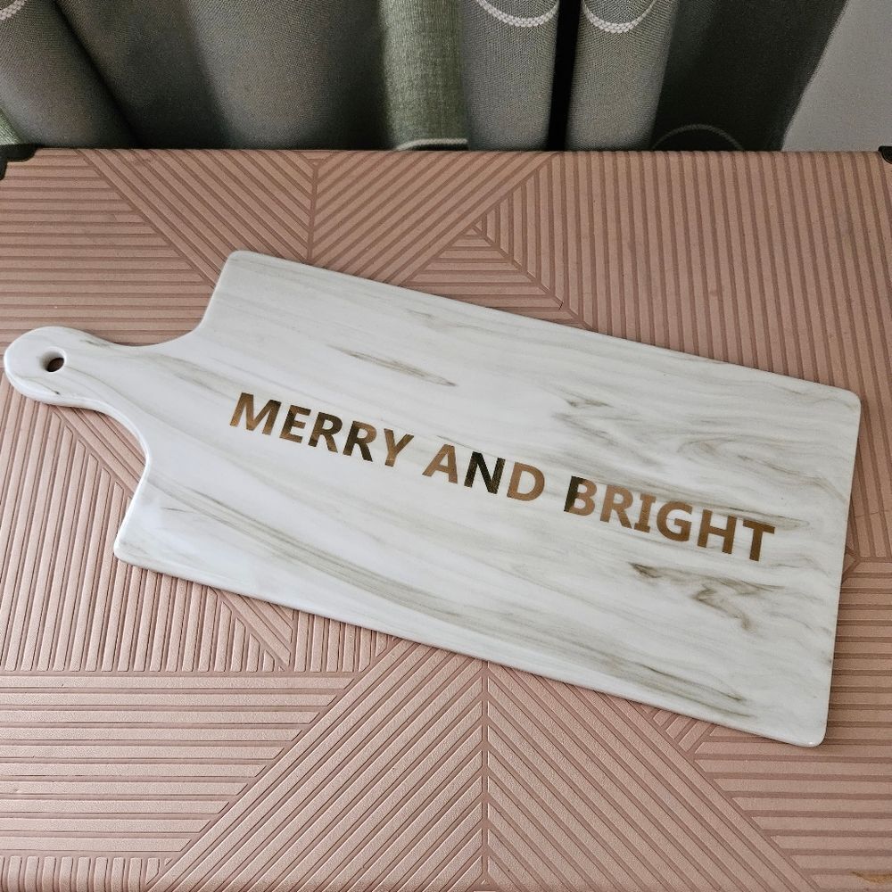 Avon Serving Board Merry & Bright Gold White Gray Marble Holiday Christmas Chic